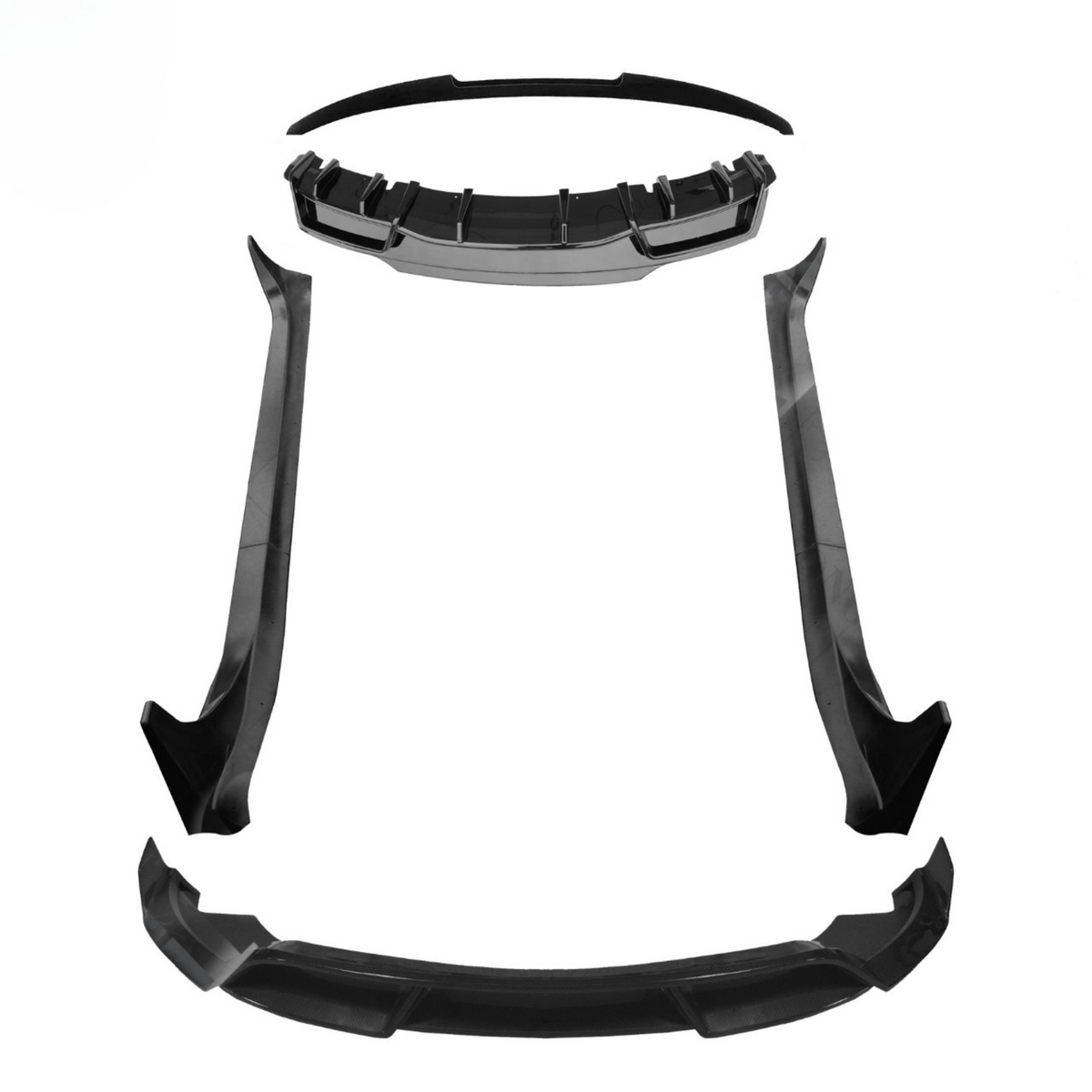 Black car body kit pieces are arranged on a white background, including a front lip spoiler, rear diffuser, and side skirts, suggesting an enhancement for vehicle aerodynamics and aesthetics.