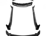 Black car body kit pieces are arranged on a white background, including a front lip spoiler, rear diffuser, and side skirts, suggesting an enhancement for vehicle aerodynamics and aesthetics.