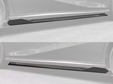 Two images of a car's side skirts, with black extensions installed. The car body is silver, parked on a paved surface. Each image shows a different perspective of the skirts.