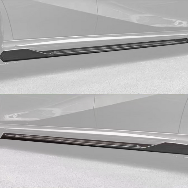 Two images of a car's side skirts, with black extensions installed. The car body is silver, parked on a paved surface. Each image shows a different perspective of the skirts.