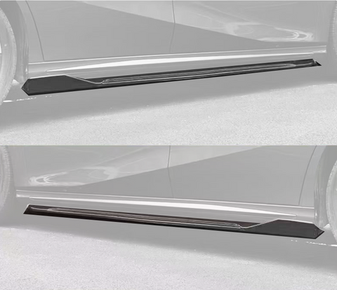 Two images of a car's side skirts, with black extensions installed. The car body is silver, parked on a paved surface. Each image shows a different perspective of the skirts.