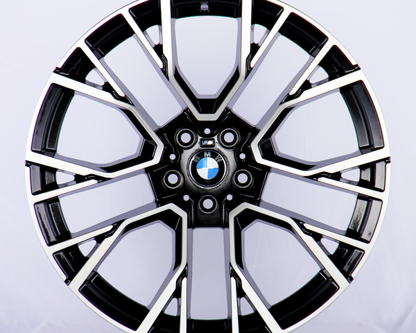 A black and silver alloy wheel features intricate spoke design with a BMW logo at the center, resting against a plain white backdrop.