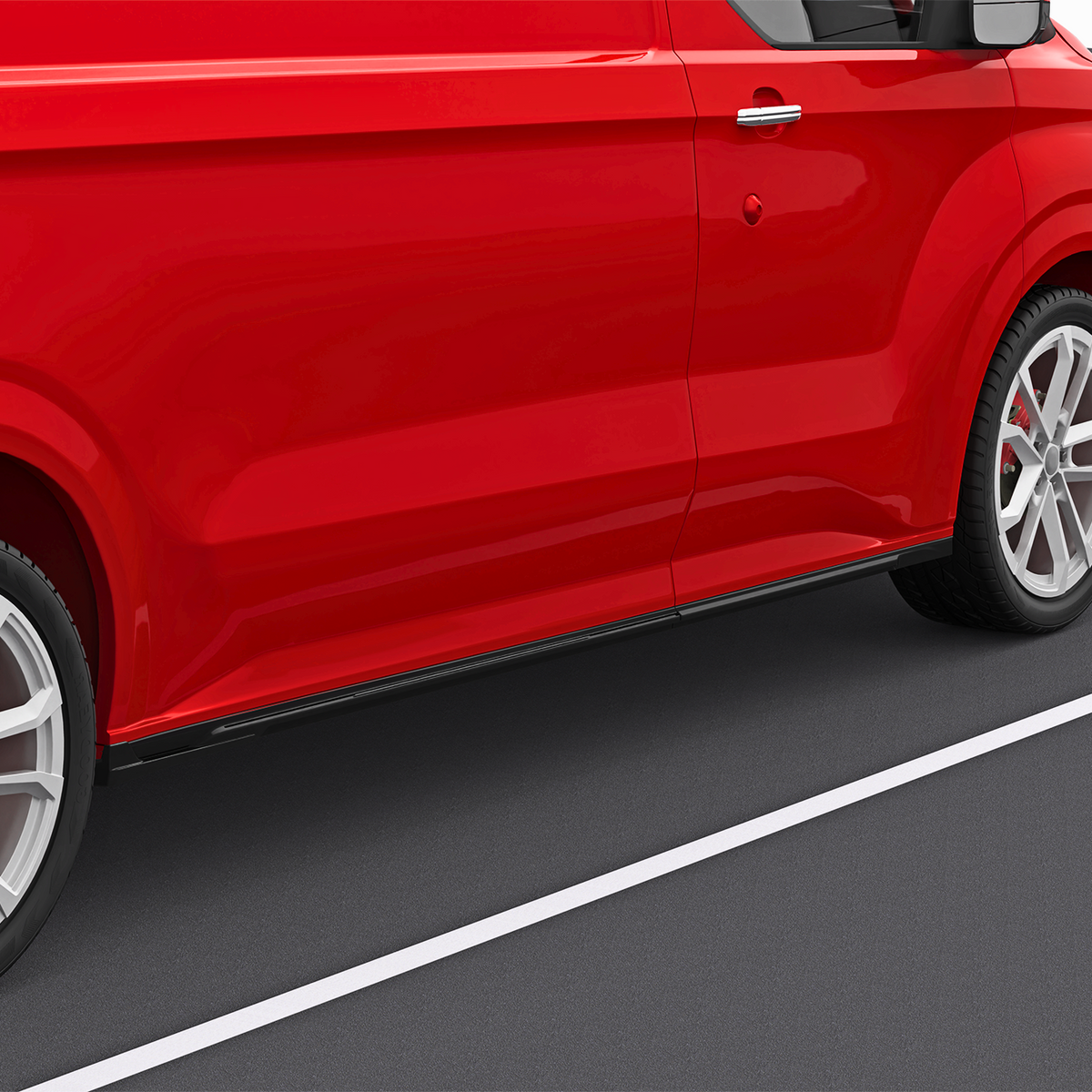 A red van is parked in a parking space, with visible white lines on the asphalt. The focus is on the side and wheels, highlighting its sleek design and shiny finish.