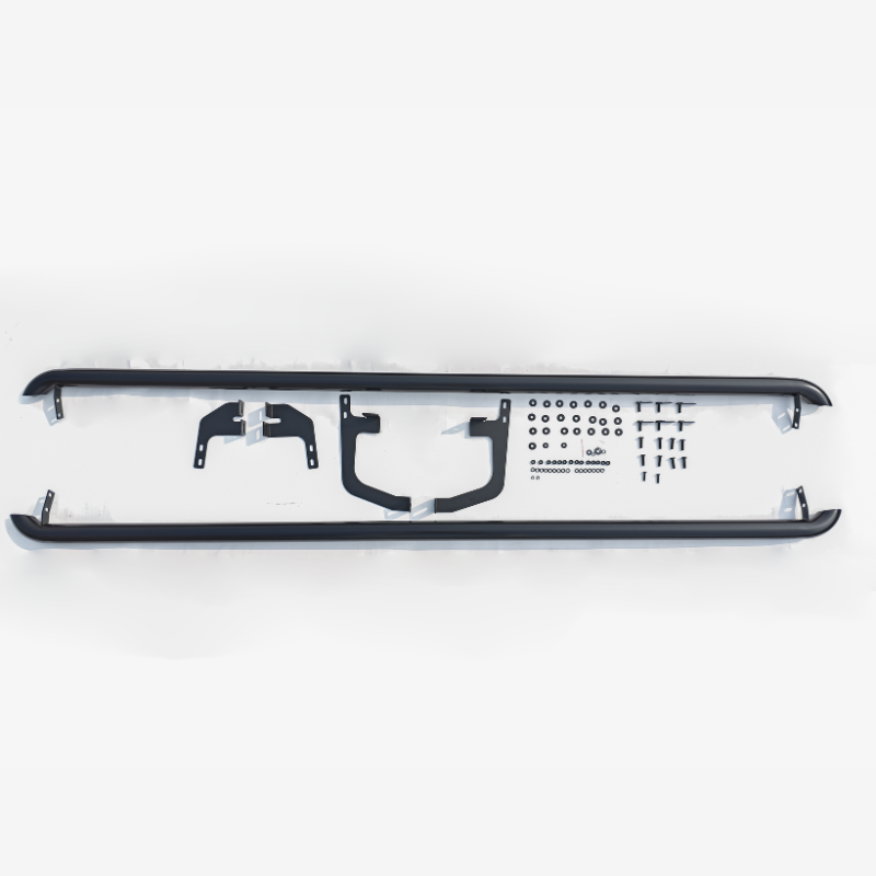 Two long metal rails with curved ends are positioned horizontally, surrounded by various brackets, screws, and small components, neatly arranged on a white background.