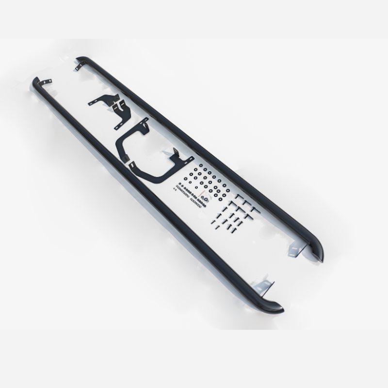 A black and white rail-like structure holding various mounting brackets and an array of screws lies on a light background. Text includes: "VIABIZZUNO CORNICI," "PR 4," "G 60.0/2.0," "SPAZZ014."