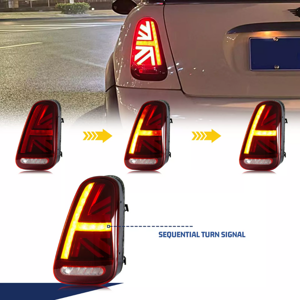 Taillights shaped like the Union Jack display a sequential turn signal action, with arrows indicating activation sequence. Context includes a car’s rear in a nighttime urban setting. Text: "SEQUENTIAL TURN SIGNAL."