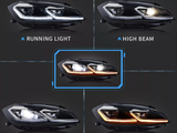 Five car headlights are shown in various modes: running light, high beam, low beam, and sequential turn signal. Each is labeled accordingly on a dark background.