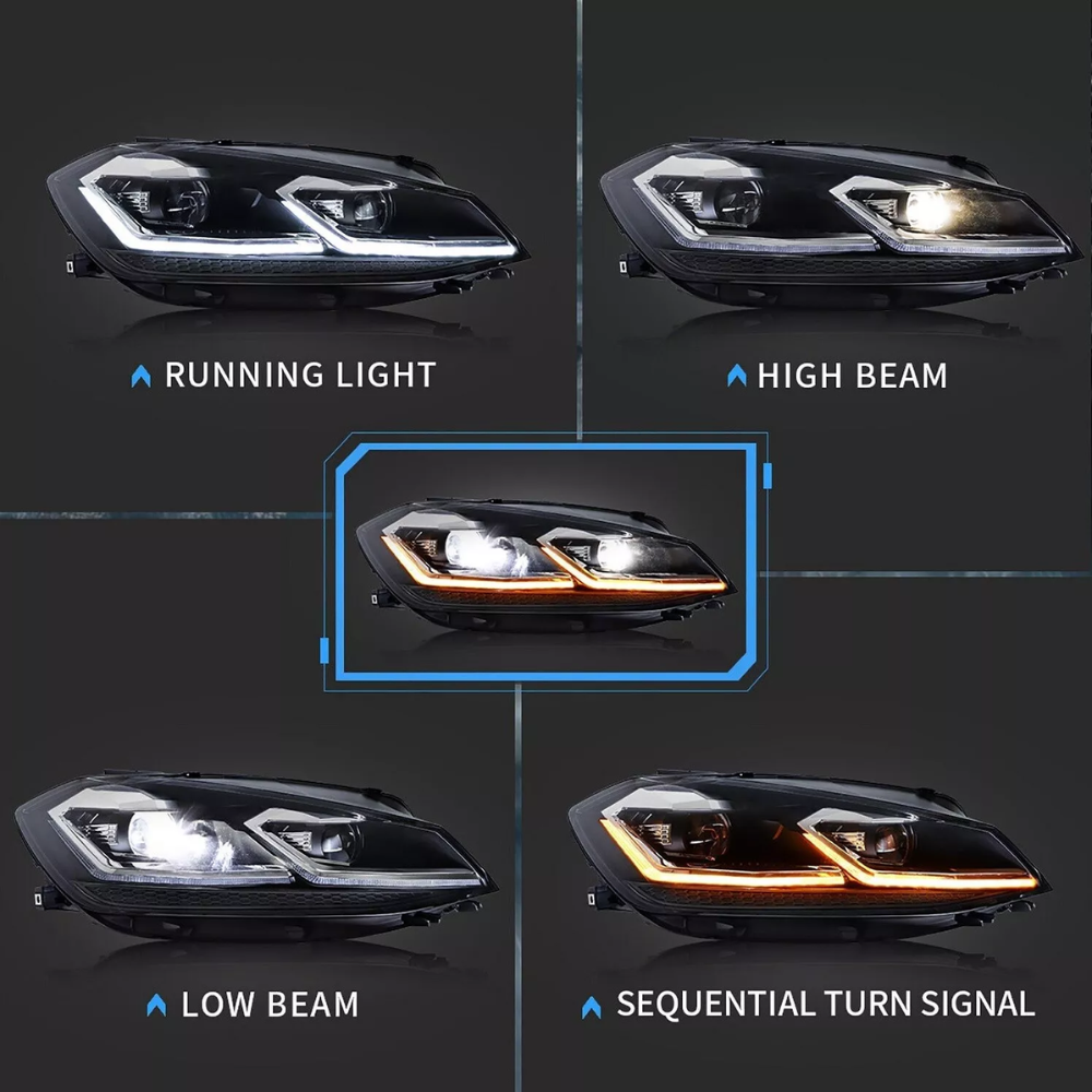 Five car headlights are shown in various modes: running light, high beam, low beam, and sequential turn signal. Each is labeled accordingly on a dark background.