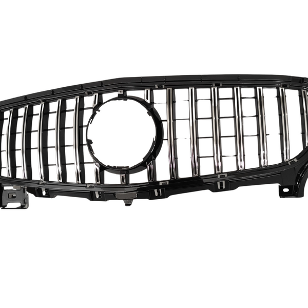 A car grille with vertical chrome bars and a circular central cutout is positioned against a plain white background, designed for vehicle front-end attachment.