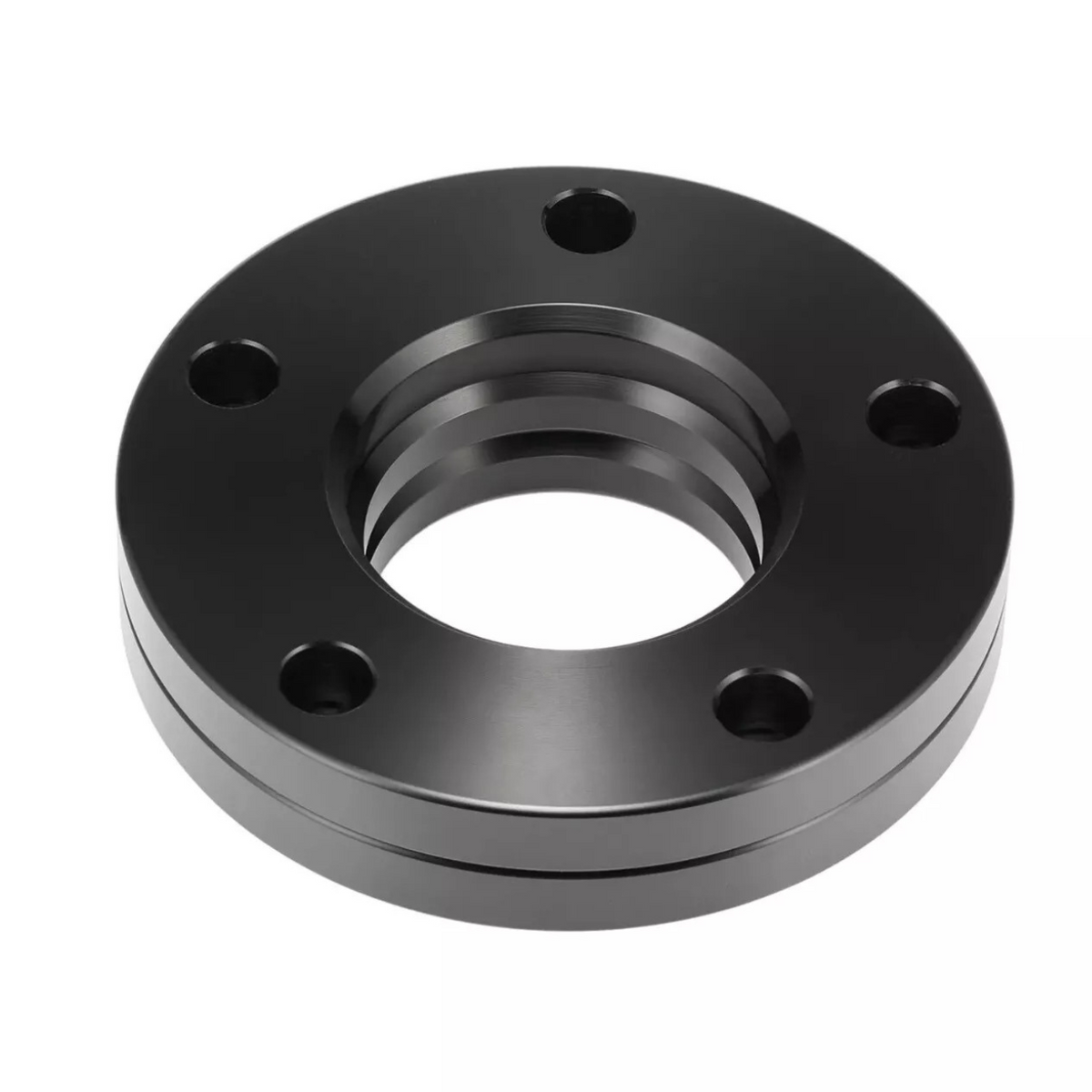 A black, circular metal flange with five bolt holes, featuring a central threaded hole, rests against a plain white background.