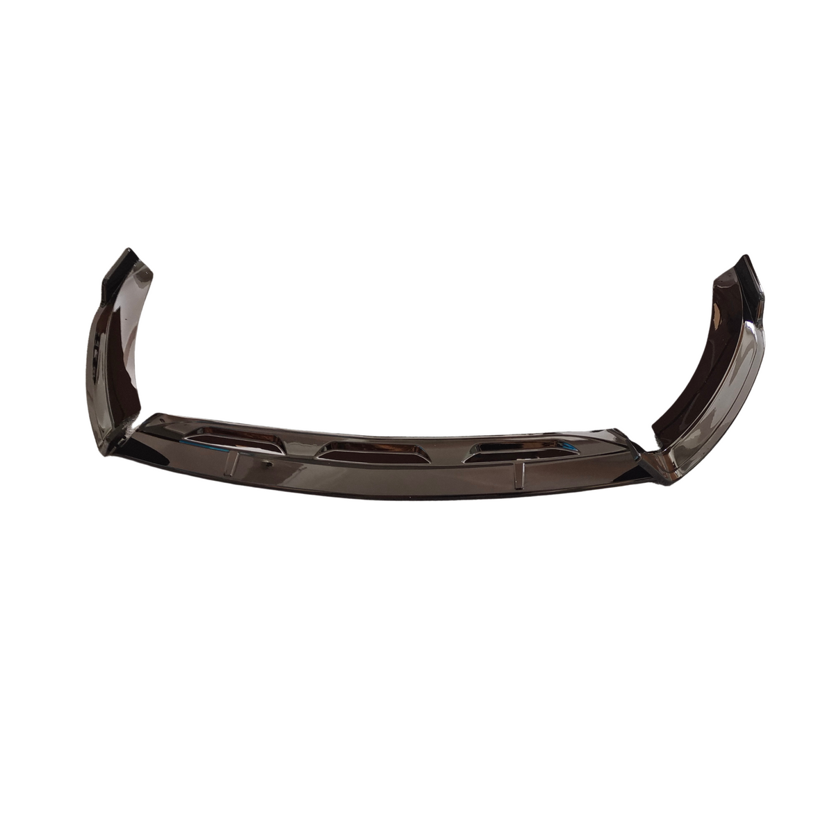 A black car spoiler lies flat, featuring a sleek, arched design with glossy surface detailing, set against a plain white background.