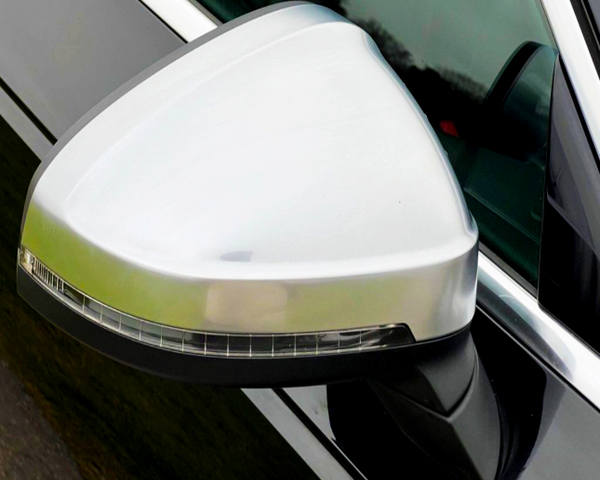 A silver car side mirror is affixed to a black vehicle, reflecting surrounding greenery. The mirror features an integrated turn signal beneath its polished surface.