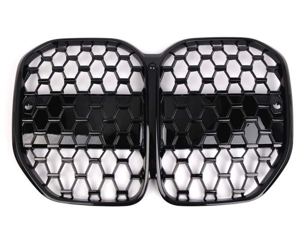 A black, honeycomb-patterned, dual-section car grille with a glossy finish lies against a plain white background, designed for automotive front-end ventilation and style enhancement.