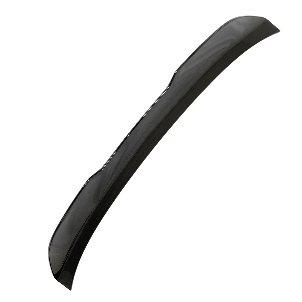 A sleek, curved, black car spoiler rests against a plain white background, showcasing its aerodynamic design and glossy finish.
