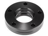 A black metal flange with five evenly spaced bolt holes encircling a threaded center. It rests on a plain white background, showcasing its smooth, precision-engineered surface.