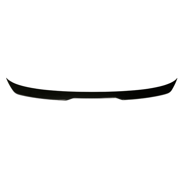 A curved, black car spoiler lies horizontally against a plain white background, showcasing its aerodynamic design without any surrounding elements.