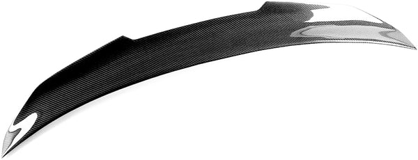A black carbon fiber car spoiler with a glossy finish is displayed on a plain white background, showcasing its streamlined design and subtle curvature.