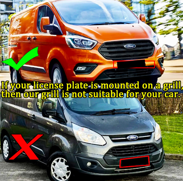 A graphic displays two vans: an orange van with a green checkmark on top and a gray van with a red "X" below. Text reads: "If your license plate is mounted on a grill, then our grill is not suitable for your car."
