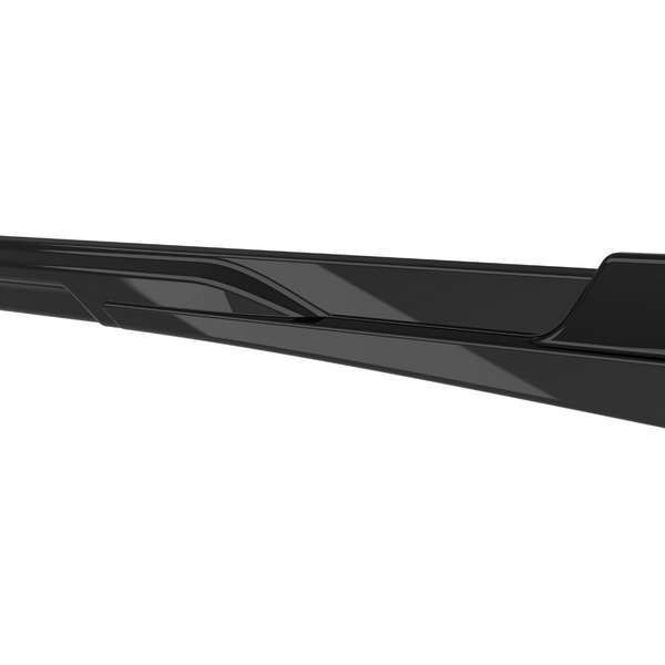 A sleek, black, elongated car side skirt with a smooth, angular design rests on a white background, emphasizing its aerodynamic features.
