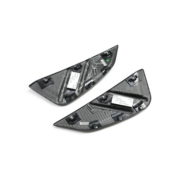 Two carbon fiber car panels with mounting clips, labeled with barcodes and text: “FRONT,” “OEMNO: 8933,” “330GPA,” on a white background.