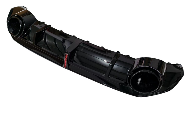 A black car rear bumper with integrated circular exhaust tips and red reflectors, designed for enhanced aerodynamics and style, shown against a plain white background.