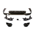 Car bumper components are laid out separately; a large central section with cutouts, two plastic grilles, and twin exhaust tips, arranged on a plain white background.