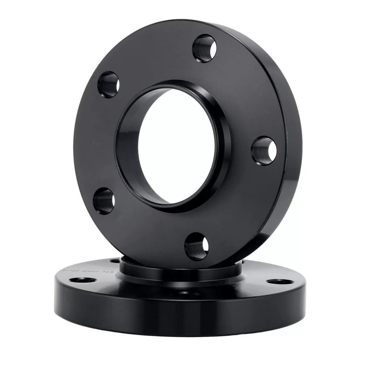 A black metal flange with holes is stacked on another, creating a partially hollow cylinder. It is positioned against a plain white background, highlighting its smooth, industrial design.