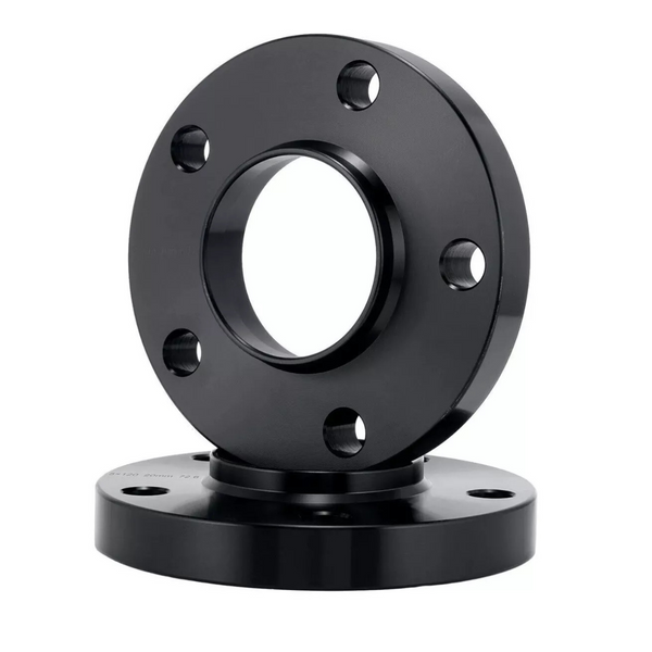 A black metal flange with holes is stacked on another, creating a partially hollow cylinder. It is positioned against a plain white background, highlighting its smooth, industrial design.