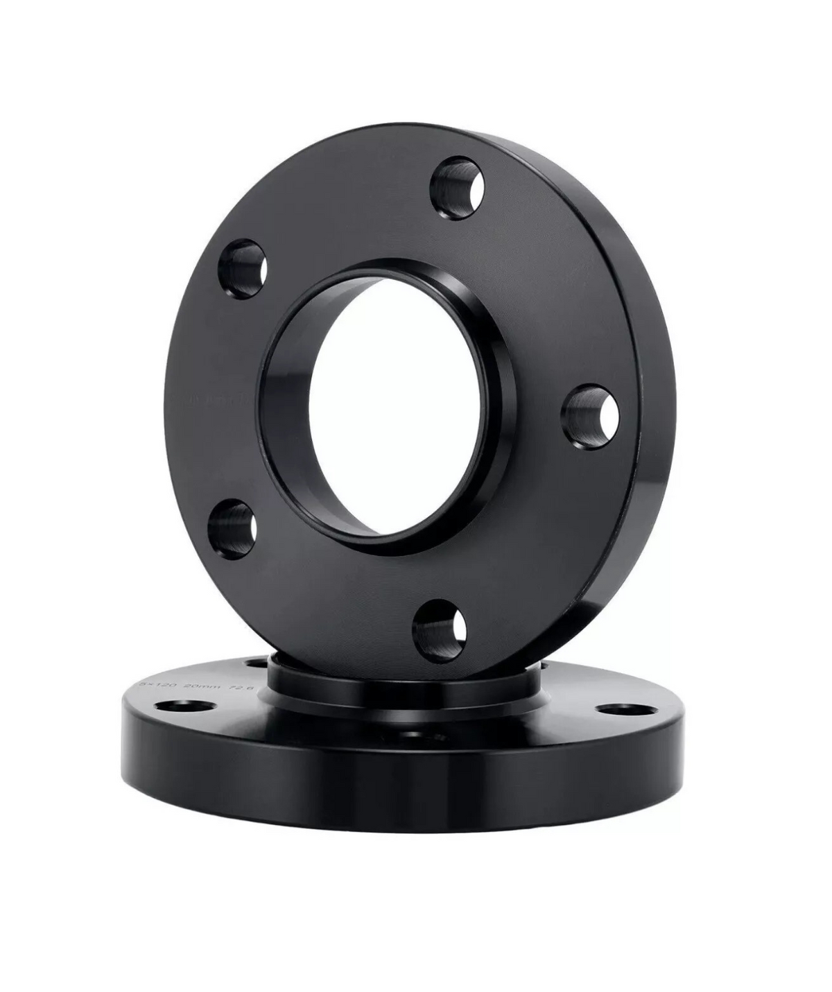 A black metal flange with holes is stacked on another, creating a partially hollow cylinder. It is positioned against a plain white background, highlighting its smooth, industrial design.