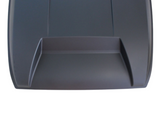 A matte black vehicle hood with prominent contours, featuring a raised center section, is isolated against a white background.