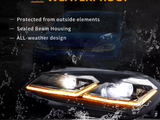 Headlight submerged in splashing water, emphasizing durability; dark backdrop with a car silhouette. Text reads: 