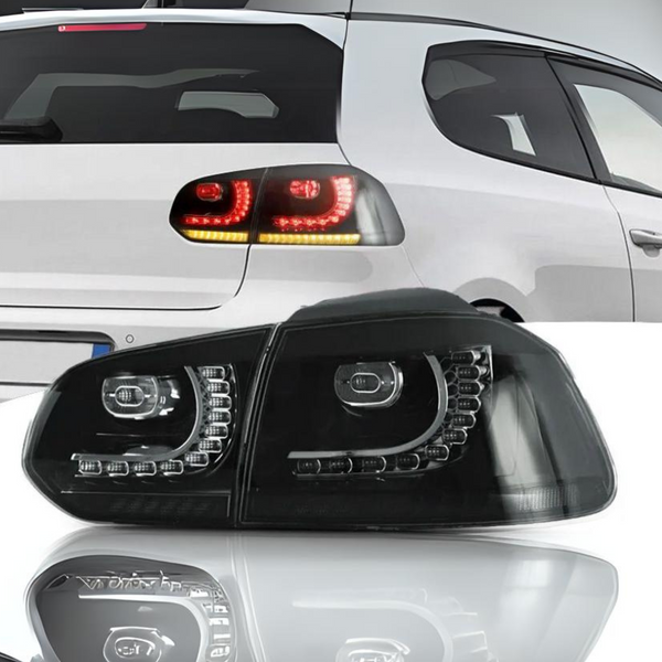 A pair of car tail lights, illuminated with red and amber lights, are shown on a white vehicle. Below, a close-up image displays the detailed LED design of similar tail lights.