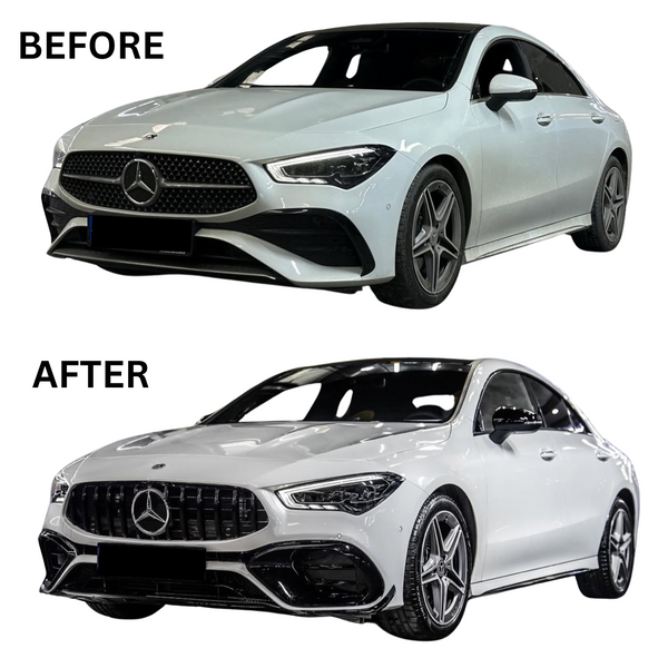 Two images of a white car, labeled "BEFORE" and "AFTER," showcase changes. The "BEFORE" car has a simpler front grille, while the "AFTER" car features a more elaborate grille design.