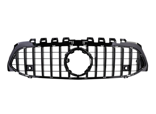 A black car grille with a grid pattern and circular emblem frame, displayed against a white background, features multiple vertical and horizontal bars.