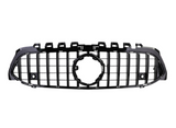 A black car grille with a grid pattern and circular emblem frame, displayed against a white background, features multiple vertical and horizontal bars.