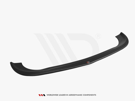 A black car front splitter is displayed on a white background. Text at the bottom reads: "WORLDWIDE LEADER IN AERODYNAMIC COMPONENTS."