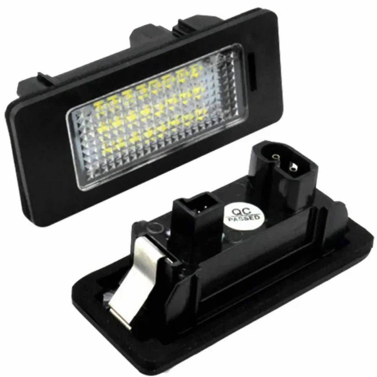 Two LED car lights are displayed. One is showing its illuminated side with multiple small yellow LEDs, while the other reveals its back with connectors and a "QC PASSED" sticker.