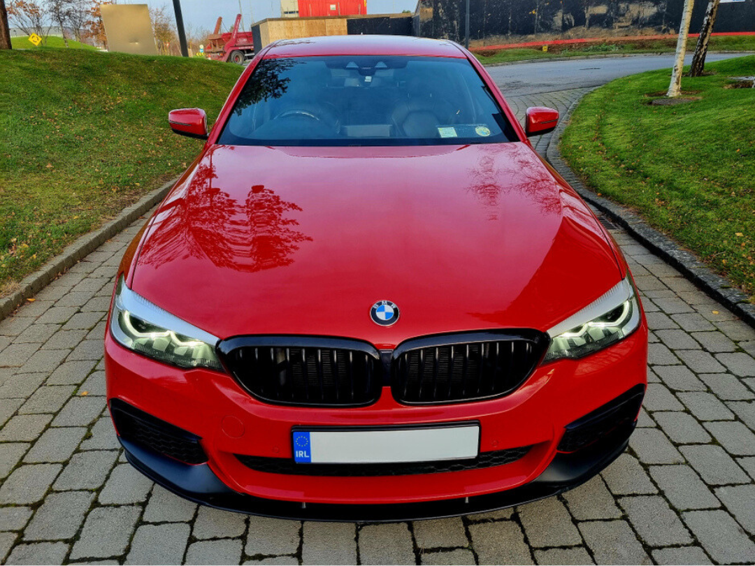A red BMW car is parked on a cobblestone pathway, surrounded by grassy areas and trees. The car's headlights are on, and a license plate reads "IRL."