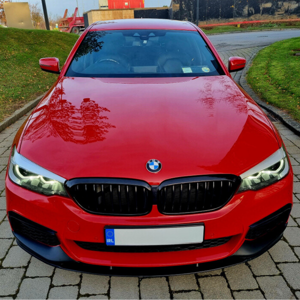 A red BMW car is parked on a cobblestone pathway, surrounded by grassy areas and trees. The car's headlights are on, and a license plate reads "IRL."