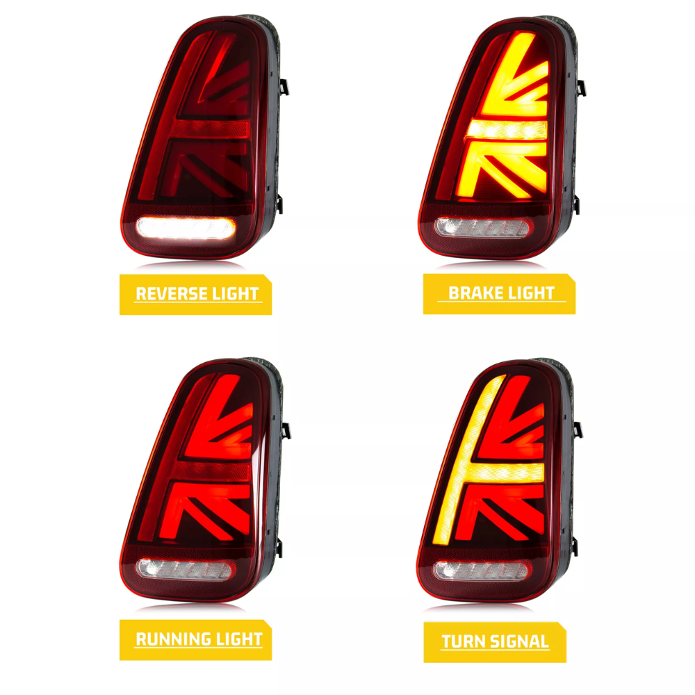 Four car tail lights illuminate in different patterns against a white background, labeled: "REVERSE LIGHT," "BRAKE LIGHT," "RUNNING LIGHT," "TURN SIGNAL." Each light features a pattern resembling a stylized flag.