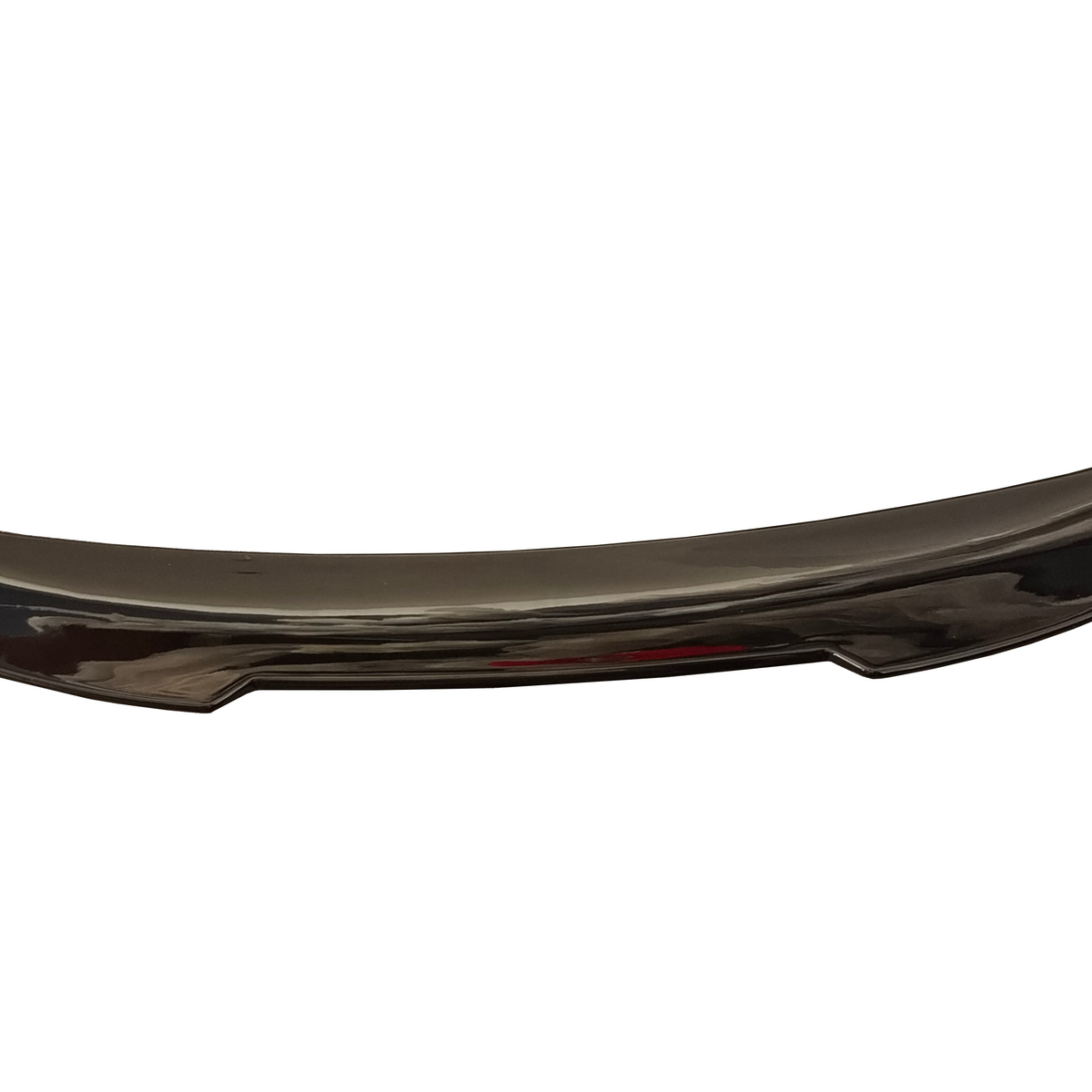 A sleek, curved, black object resembling a car spoiler positioned horizontally against a plain white background. It has a glossy finish with gentle contours and upturned edges.