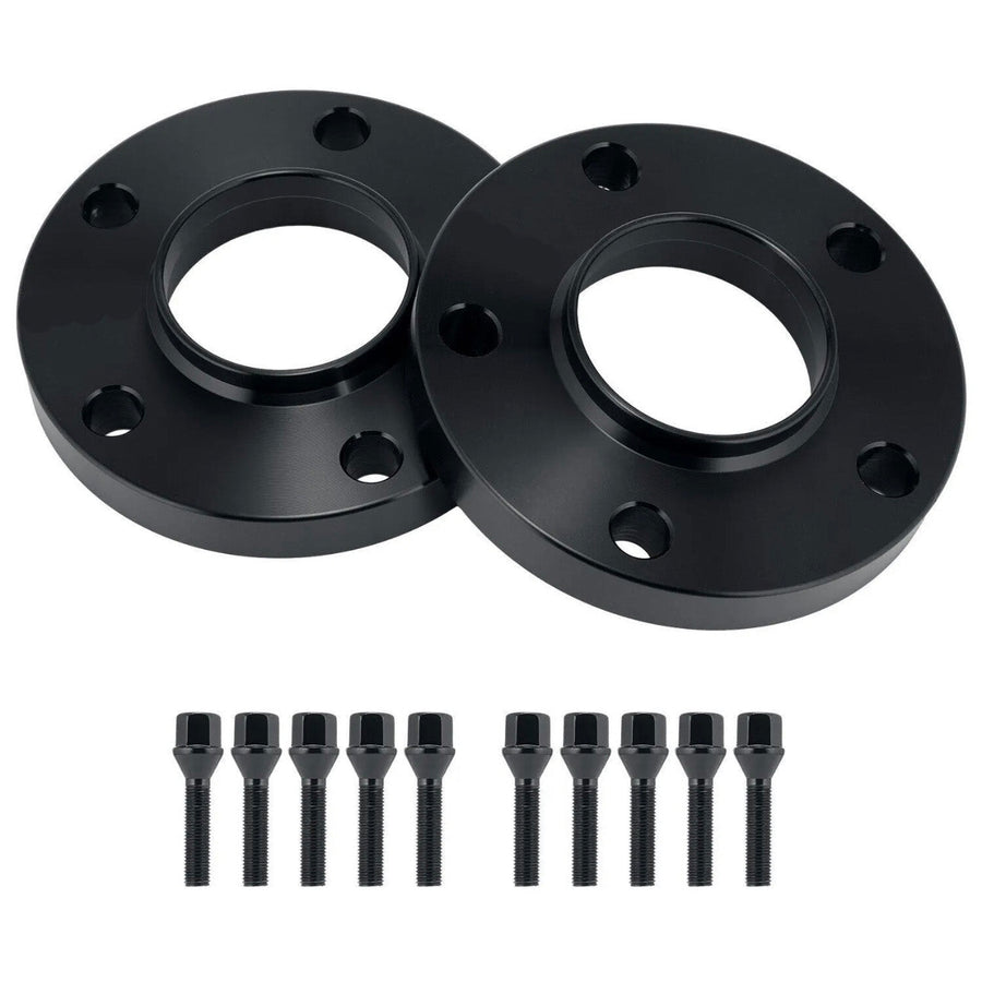 Two black metal wheel spacers, each with five holes, are accompanied by ten matching black bolts, all arranged on a plain white background.