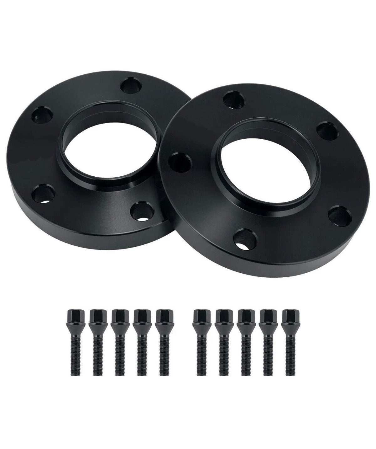 Two black metal wheel spacers, each with five holes, are accompanied by ten matching black bolts, all arranged on a plain white background.