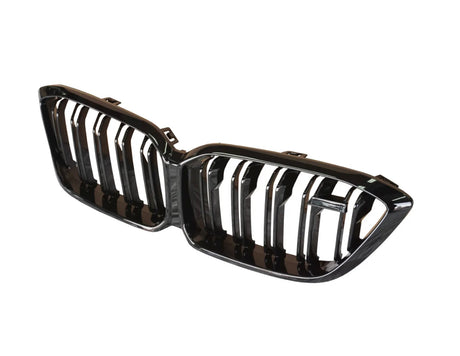 A black, dual-section car grille with vertical slats, positioned against a plain white background, typically used in the front of a vehicle.