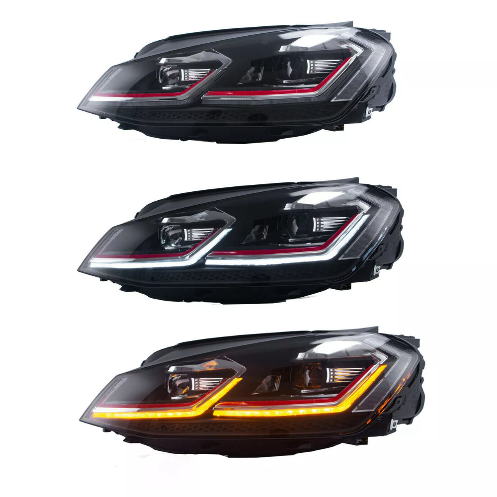 Three car headlights are aligned vertically, each with LED strips in different colors: red, white, and orange. The headlights are situated against a plain, white background.