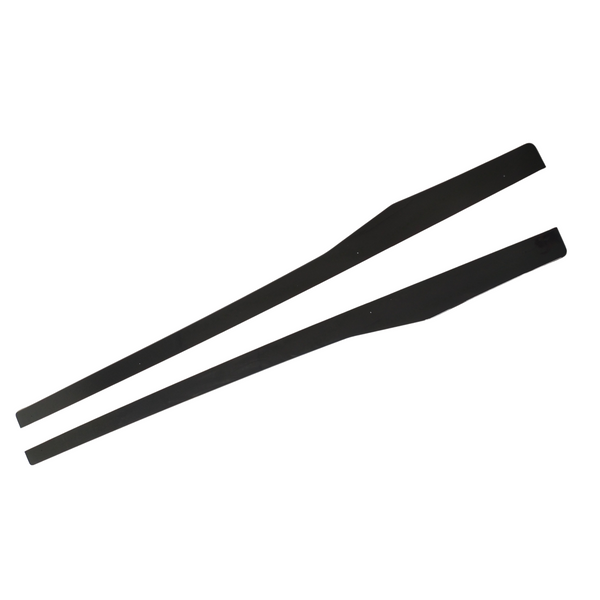 Two black helicopter rotor blades are shown side by side, resting on a plain white background.