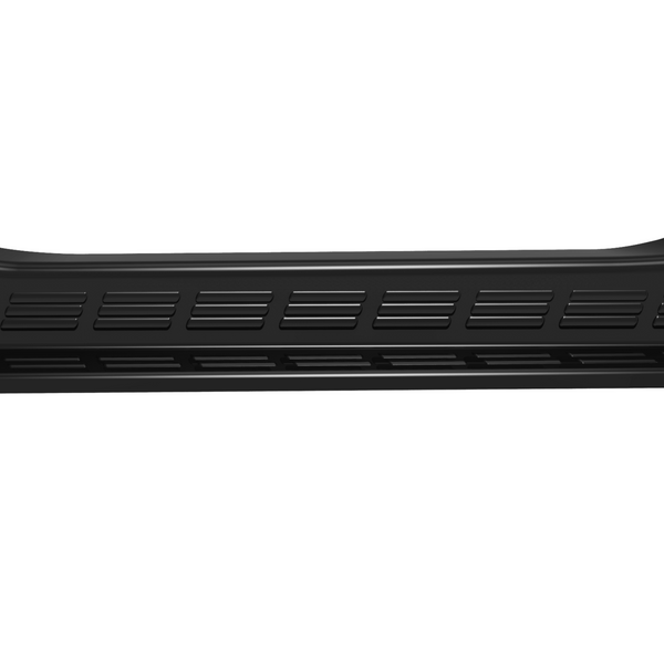A black, elongated car running board features rectangular grooves along its surface, likely designed for traction. The background is plain white, emphasizing the running board's shape and texture.