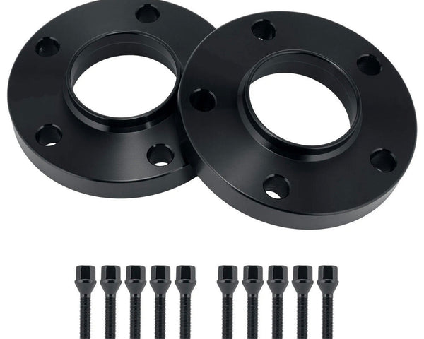 Two black wheel spacers with five bolt holes each, accompanied by ten matching black bolts, are arranged on a plain white background.