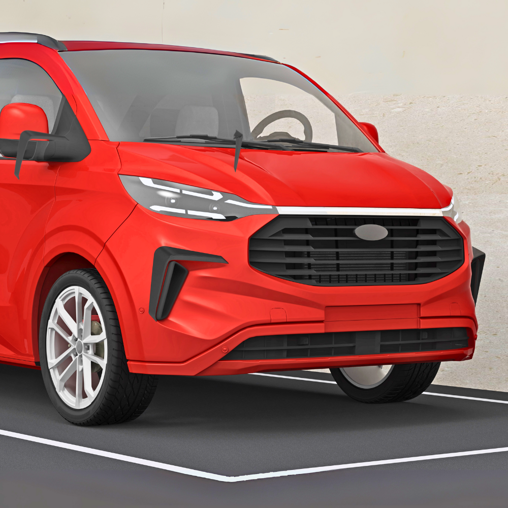 A red SUV is parked, featuring a sleek design with LED headlights and a large black grille. It is positioned on a marked parking lot against a light-colored wall.