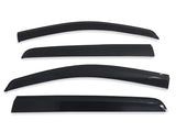 Four sleek, black car window visors are arranged side by side against a white background, emphasizing their curved edges and shiny surface.